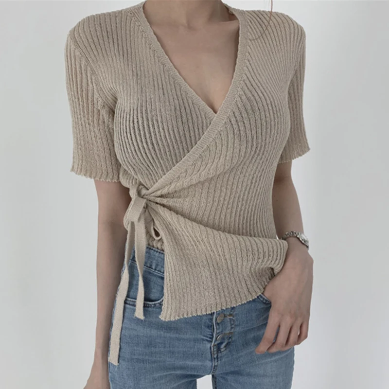 

Chic Sexy Slimming V-Ne Cross Strap Waist-Cinching ort Sve One-Piece Knitted Top Women's Faion Korean Sle Commute