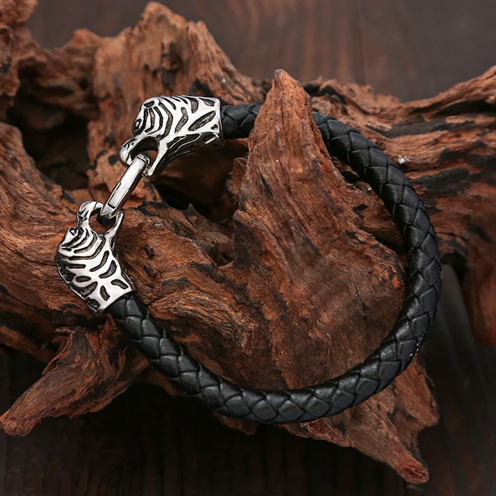 

Classic Vintage Viking Double Tiger Head Bracelets For Men 316L Stainless Steel Leather Bangles Fashion Animal Jewelry Wholesale