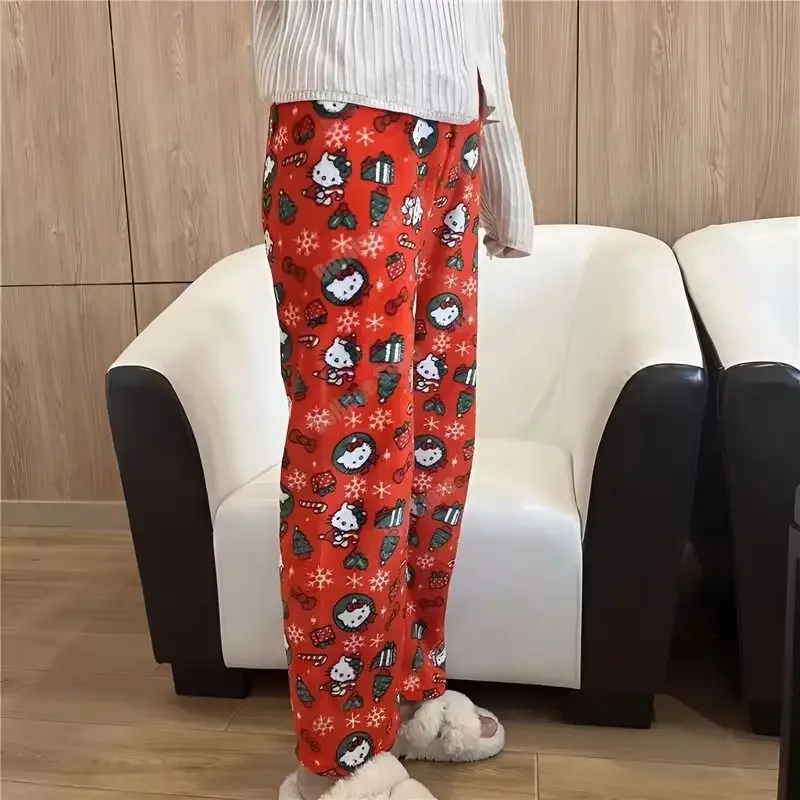 Olá kitty batman pijama novo sanrio y2k outono calças dos desenhos animados hip hop senhoras quente casual flanela bonito calças estilo de pelúcia roupas