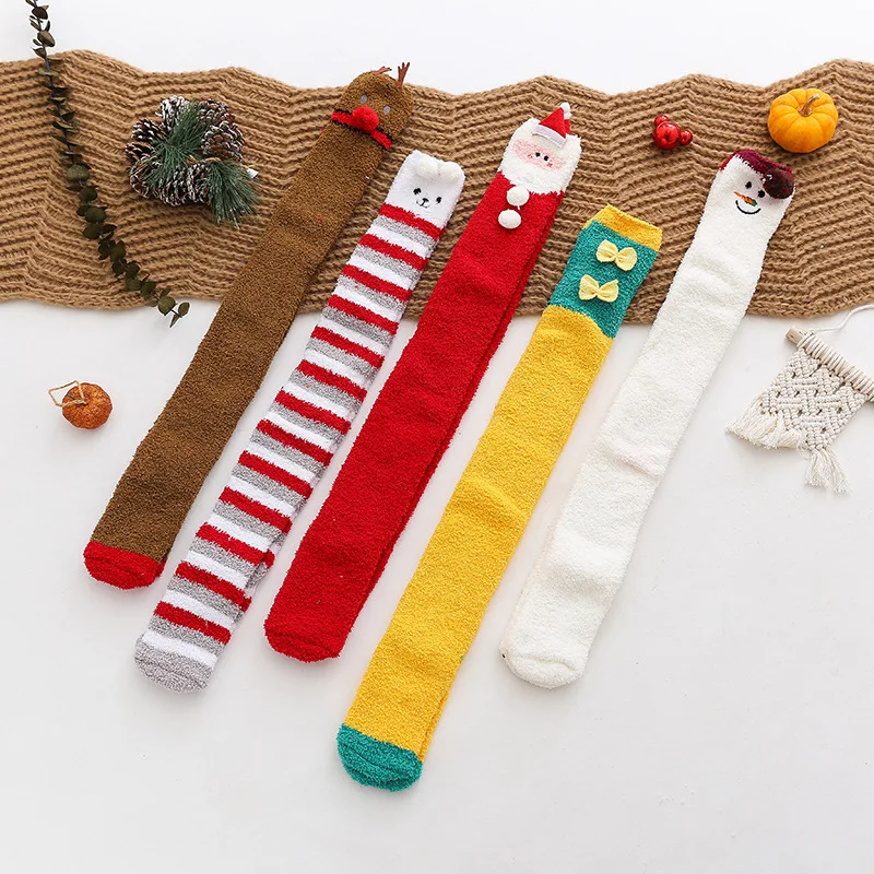 Coral Fleece Knee High Socks Cartoon Long Tube Women's Christmas  Warm And Thick Sleep Socks Home Floor Socks