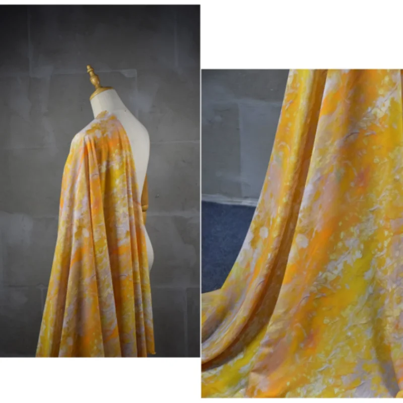 Fashion Yellow Abstract Print Chiffon Fabric For Spring Summer Shirt Women's Dress Cloth, Soft Not Transparent, T2434