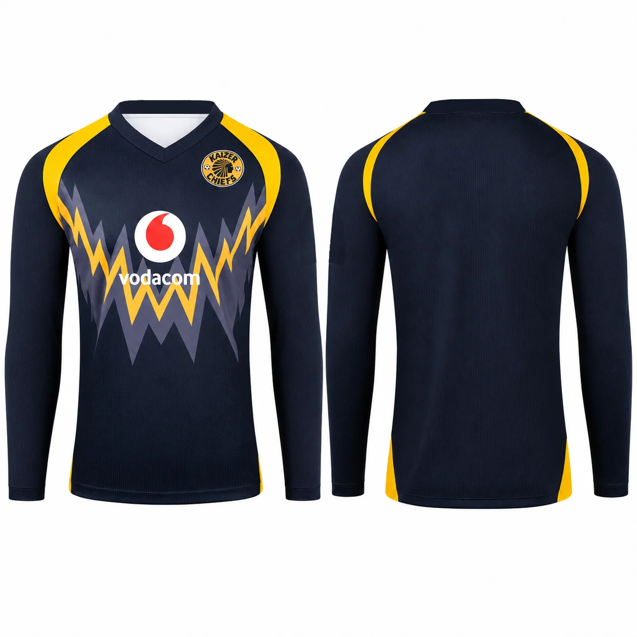2026-27 Kaizer Chiefs Away Football Jersey Men Women Navy Yellow Zigzag V Neck Long Sleeve Soccer Shirt Fan Sportswear