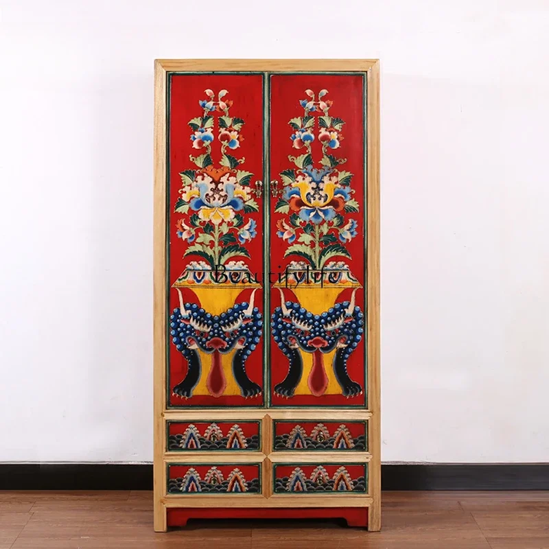 pg45New Chinese solid wood retro hand-painted vertical cabinet Tibetan painted storage locker customization