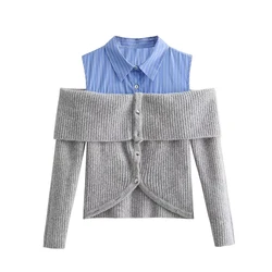 YENKYE Women Open Design Patchwork Cardigan Vintage Lapel Collar Long Sleeve Female Crop Knitwear