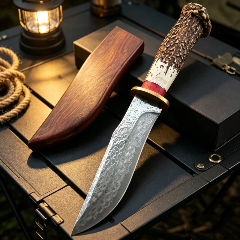 Fixed Blade Outdoor Camping Knife, Damascus Pattern Blade, Simulation Antler‑Style Handle, With Wooden Sheath, Multifunctional E