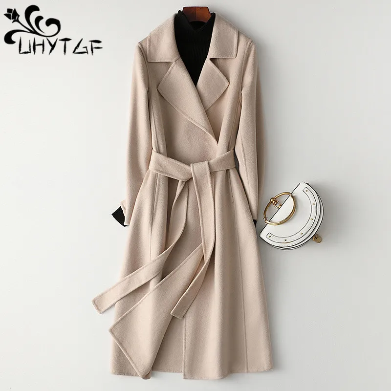 

UHYTGF Autumn Winter 100% Wool Coats Women's Luxury Double-Sided Cashmere Woolen Jacket Female With Belt Slim Long Overcoat 2238