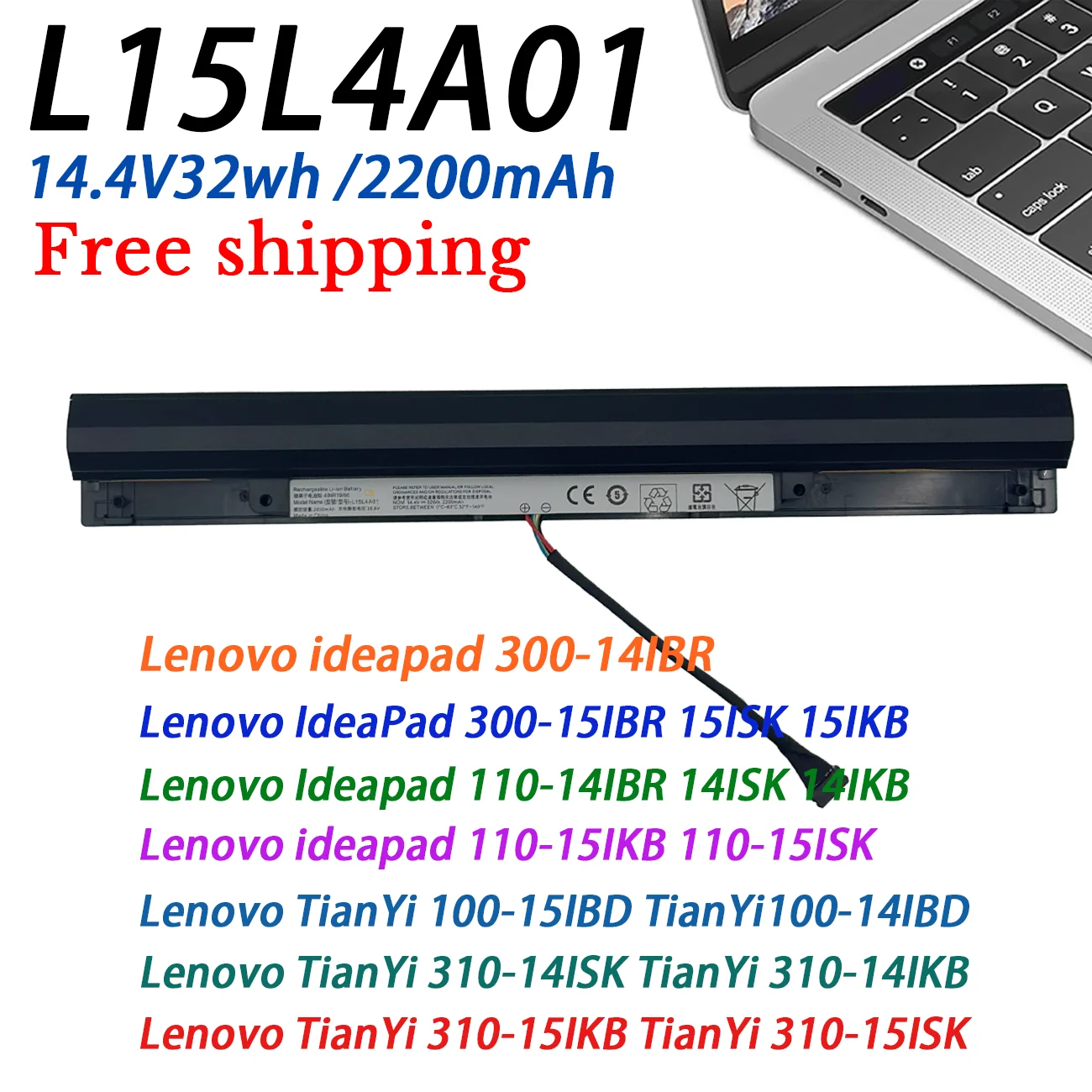 L15L4A01 Battery for Lenovo Ideapad V4400 300-14IBR 100-15IBD 110-15ISK 300-15IBR 300 15ISK L15L4E01 L15S4E01 41NR19/65