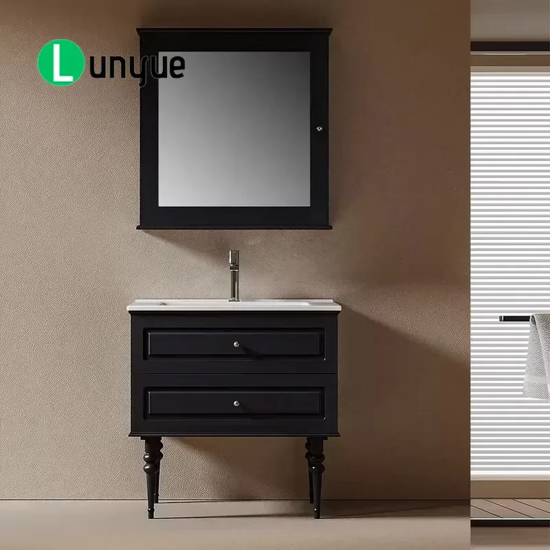 Classic Black Floor to Ceiling Bathroom Vanity Set with Smart Mirror Waterproof Medicine Cabinet Solid Wood Ceramic Basin