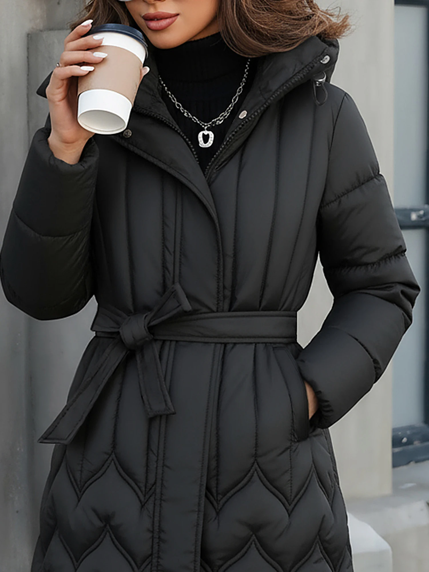 Women's Autumn/Winter Mid-Length Hooded Quilted Coat Plain Long Sleeve Slimming Casual Jacket