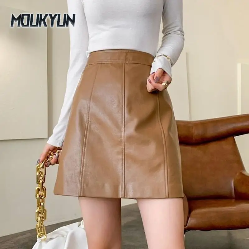 

Mini Sexy Leather Skirts Women Korean Fashion Short Fladas Female High Waisted Club Brown A-Line Skirt