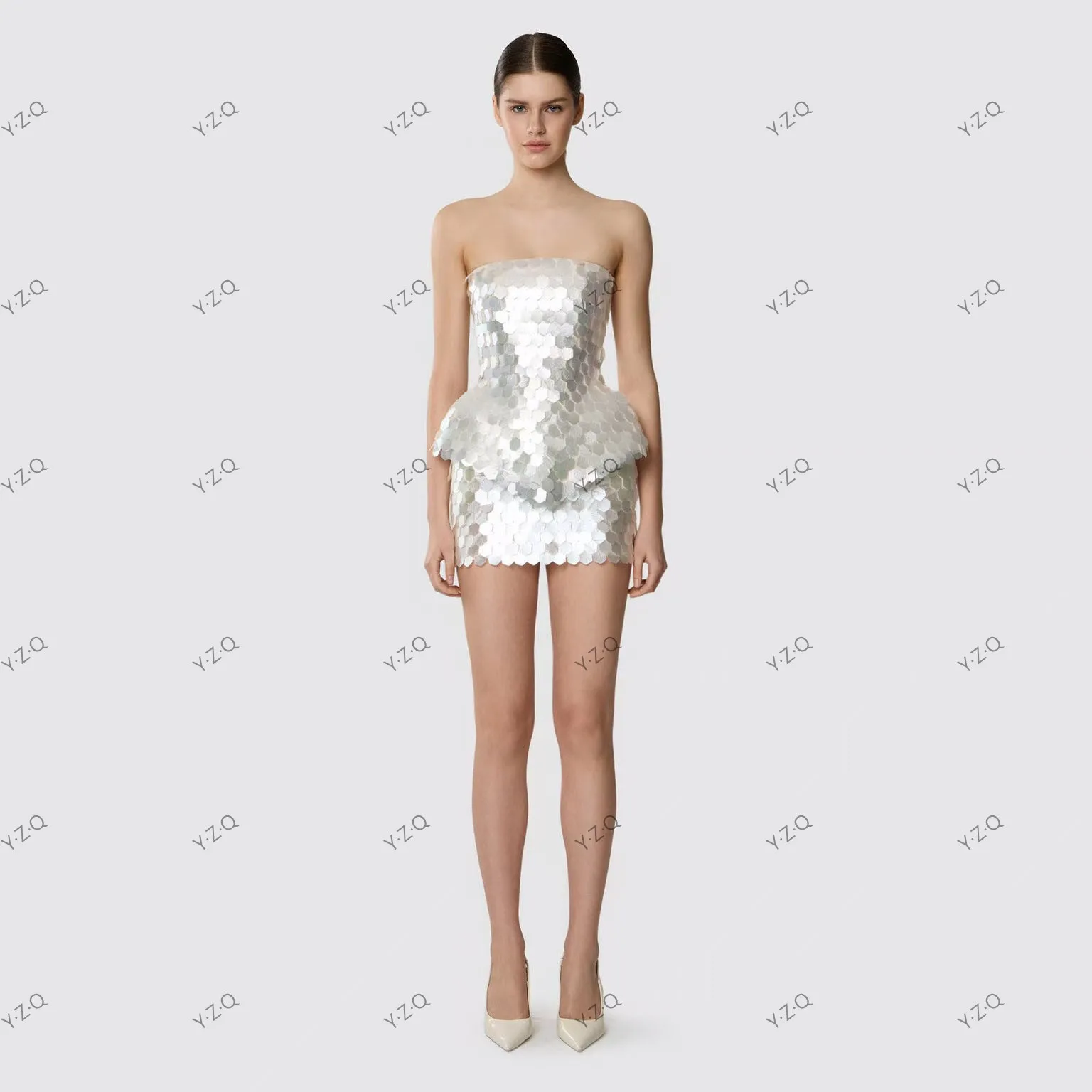 2 Pieces Party Dress Sequined Short Prom Dresses Strapless Sleeveless Peplum Back Zip Mini Party Gowns Silver Customized
