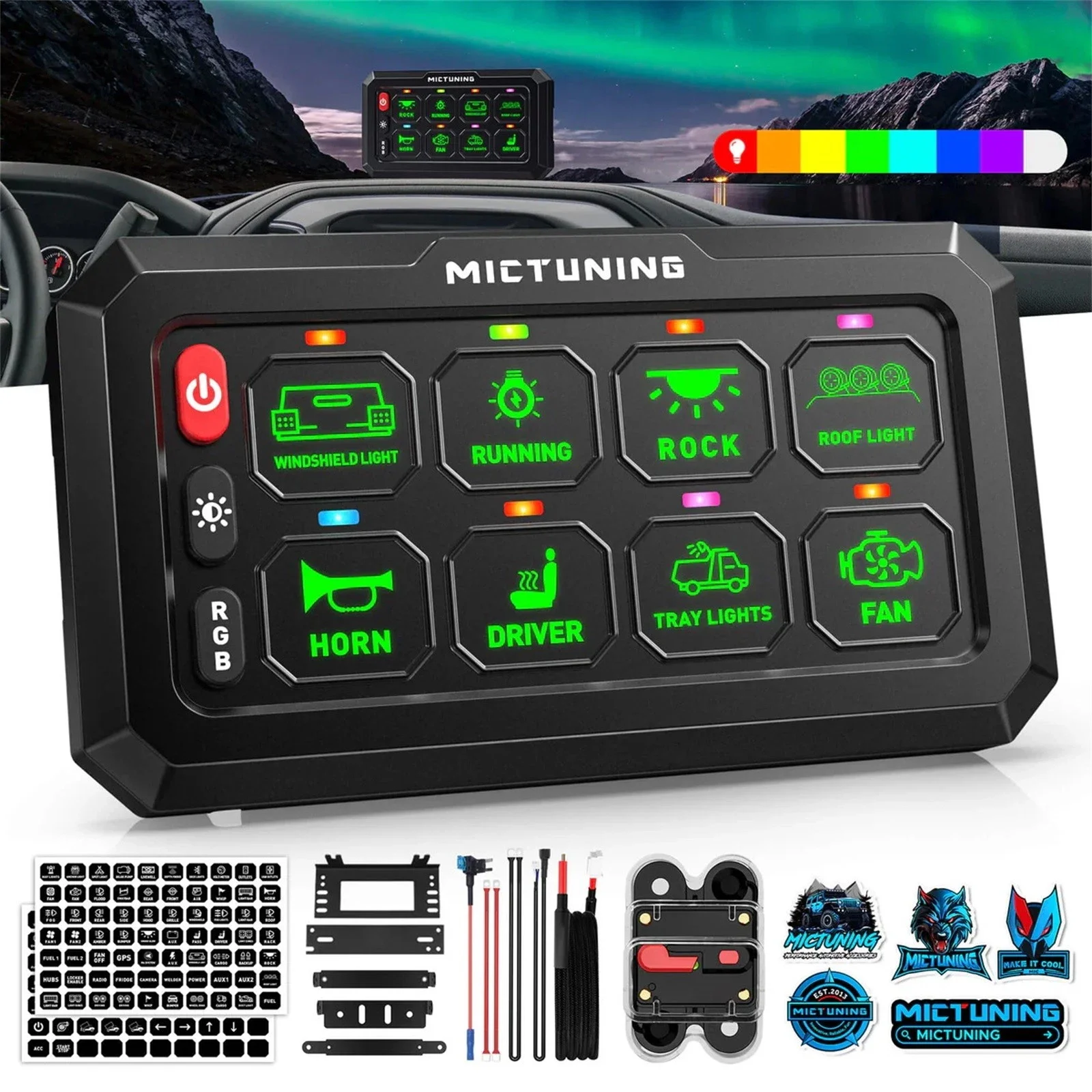 

MICTUNING P1C RGB 8 Gang Switch Panel, IP67 Waterproof 4 Control Modes LED Control Panel Box Electronic Relay System Switch Box