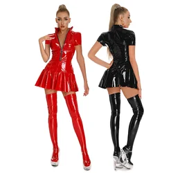 Sexy Glossy Leather Short Sleeves Dress Lady Erotic Shaping Pleated Short Dress Zipper Porn Breast Exposing Latex Mini Dress