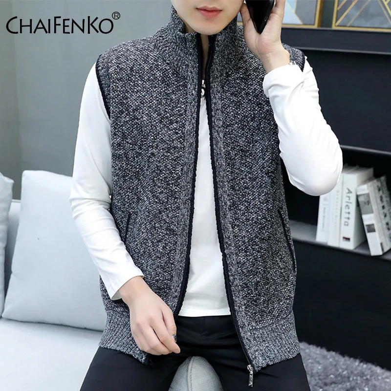 

Men Casual Sleeveless Knit Jackets Autumn Winter Fashion Solid Cardigans Sweater New Thickening Zipper Stand Collar Tops Men