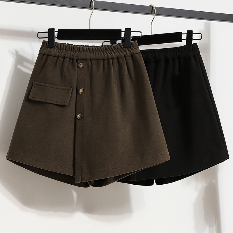 

Шерстяные мини-юбки женские с нерегулярными боковыми разрезами и высокой талией трапециевидные шорты юбки корейская мода шикарная юбка с запахом на бедрах женская