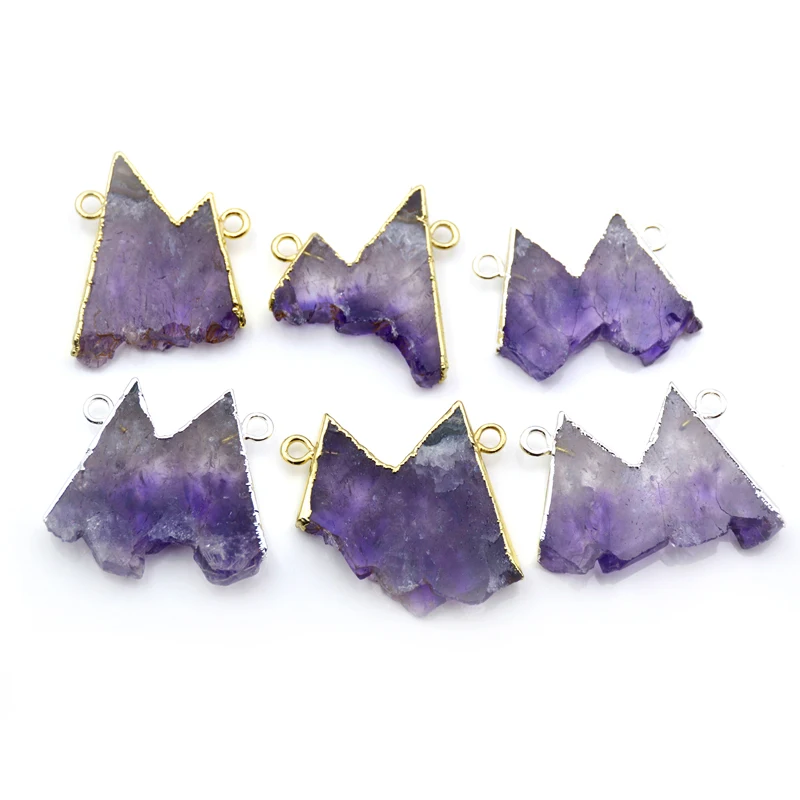 

Natural Amethyst Mountain Shape Slice Pendant Purple Quartz Double Hoops Connector Gold Silver Color Plated Amethyst Charm Women