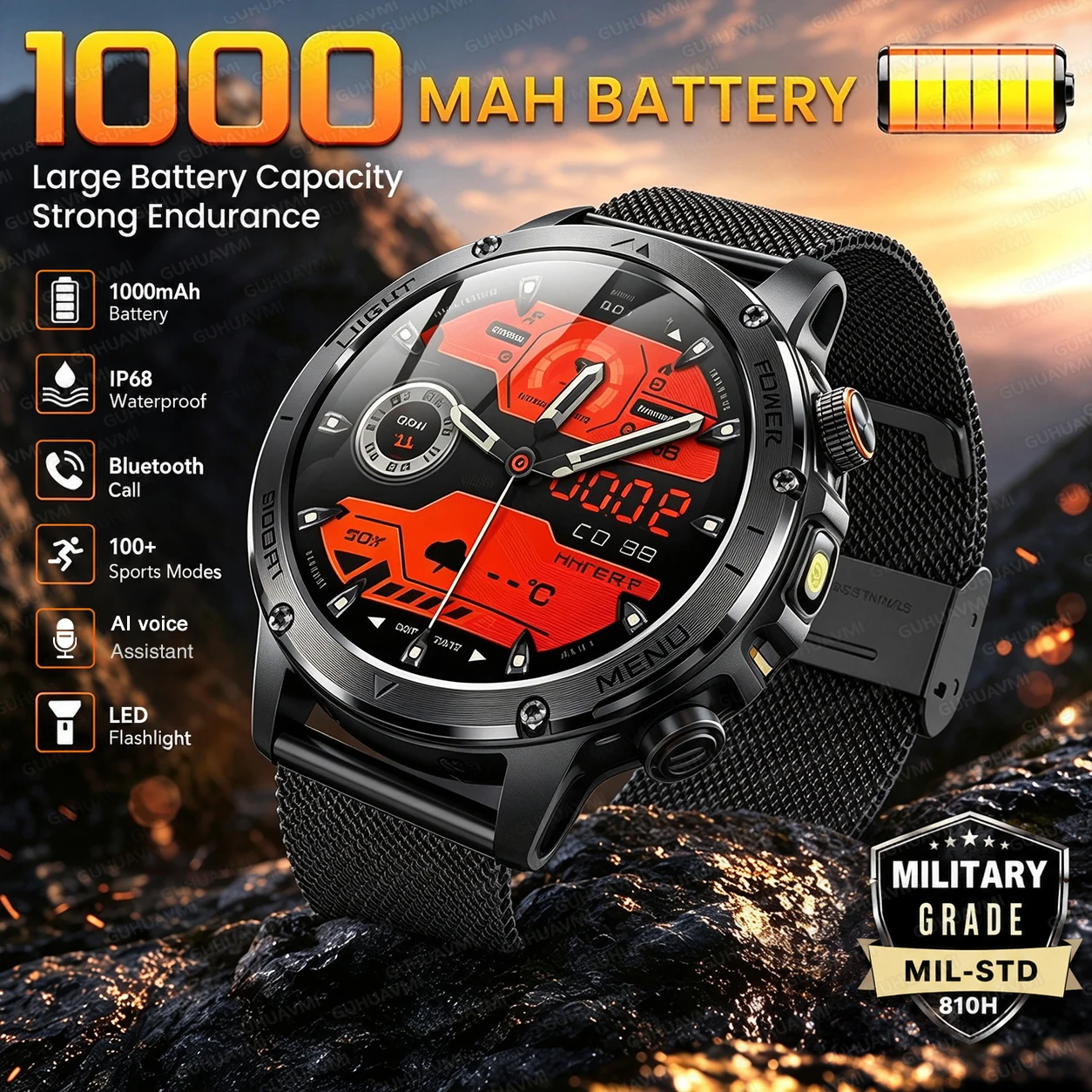 Nueva moda de alta gama 1000mAh gran batería reloj inteligente hombres, linterna al aire libre, IP68 impermeable, frecuencia cardíaca