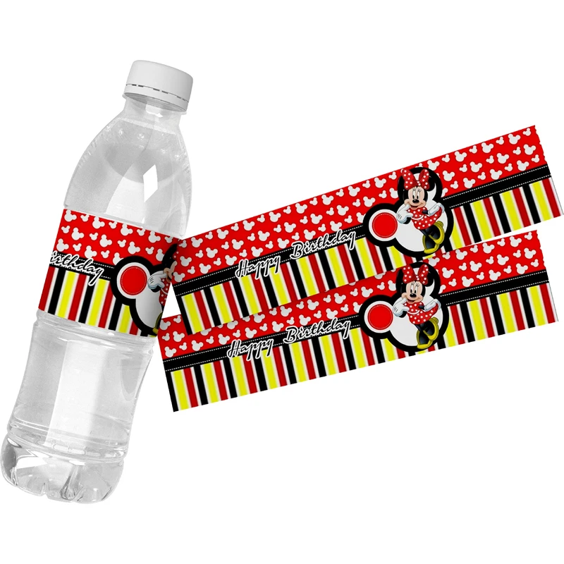 6pcs Disney Minnie Mouse Birthday Water Bottle Wine Labels Gift Box Stickers Candy Bag Wraps Baby Shower Party Decoration supply