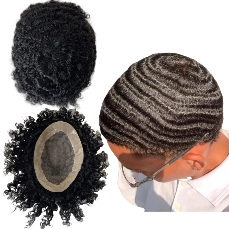 

Indian Virgin Human Hair Replacement 10mm Wave Toupee 8x10 Mono Lace Unit for Black Men