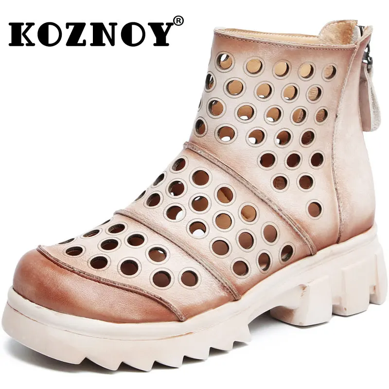 

Koznoy Elegant Boots Ankle Boots for Women 5cm Authentic Cow Genuine Leather Summer Hollow Platform Wedge ZIP Moccasins Shoes