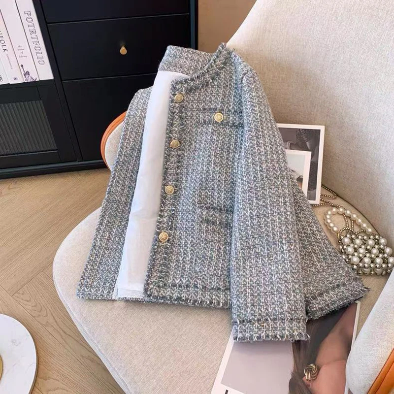 

Retro Tassel Tweed Women Jacket Y2K Loose Streetwear Stitching Crop Coats Y2K Winter Thick All Match Single Breasted Outwear New