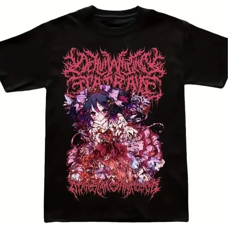 Gothic Anime Death Metal Theme Graphic T‑shirt Unisex Washed Cotton Harajuku Y2K Short Sleeve Casual Streetwear Tops
