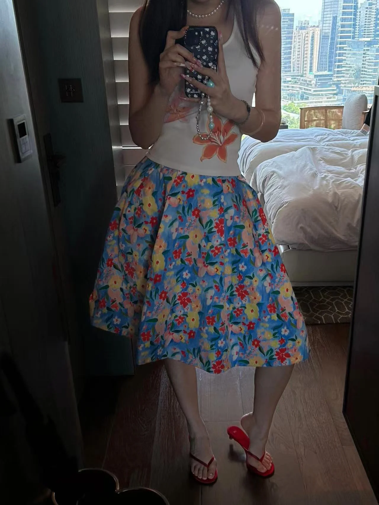 

Повседневная юбка А-силуэта с высокой талией, женская, с принтом, пышная, с цветочным узором, средней длины, лето 2025, для повседневной носки, из тканого волокна (тиллона)