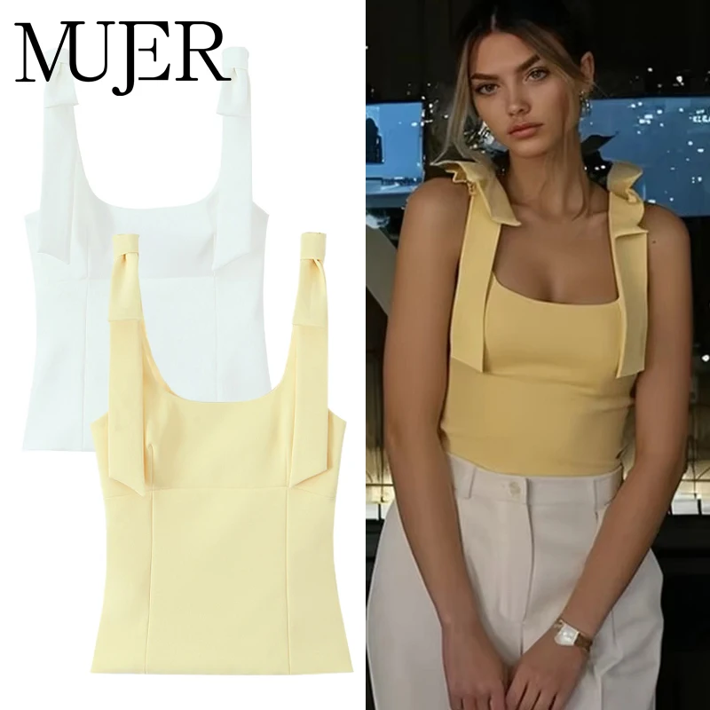 MUJER 2025 Bow Crop Top Woman Yellow  Backless Top Women White Sleeveless Tops for Women Summer Camisole Bustier Top Female