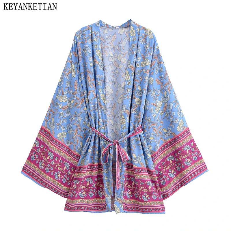 KEYANKETIAN 2026 New Women's National style Print Viscose Kimono With Belt Flare sleeve Loose Cardigans Retro Beachwear Thin Top