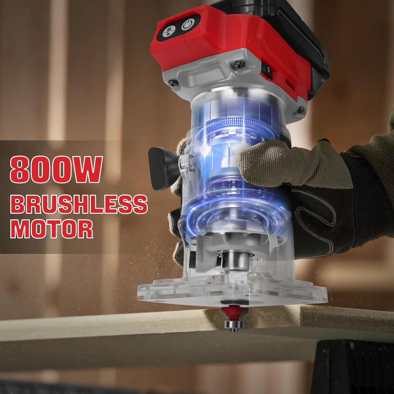 800W Brushless Electric Trimmer Woodworking Trimming Machine 5 Variable Speeds Wood Router for Milwaukee 18V Battery(No Battery)
