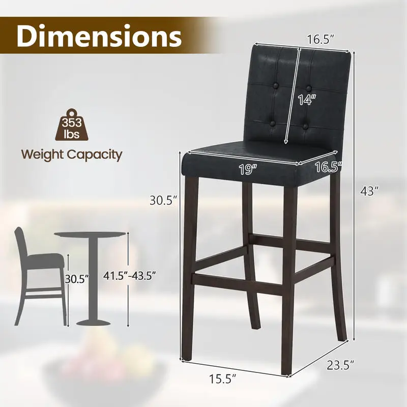 

Set of 2 PVC Dining Leather Bar Stools with Solid Wood Legs-29 inches