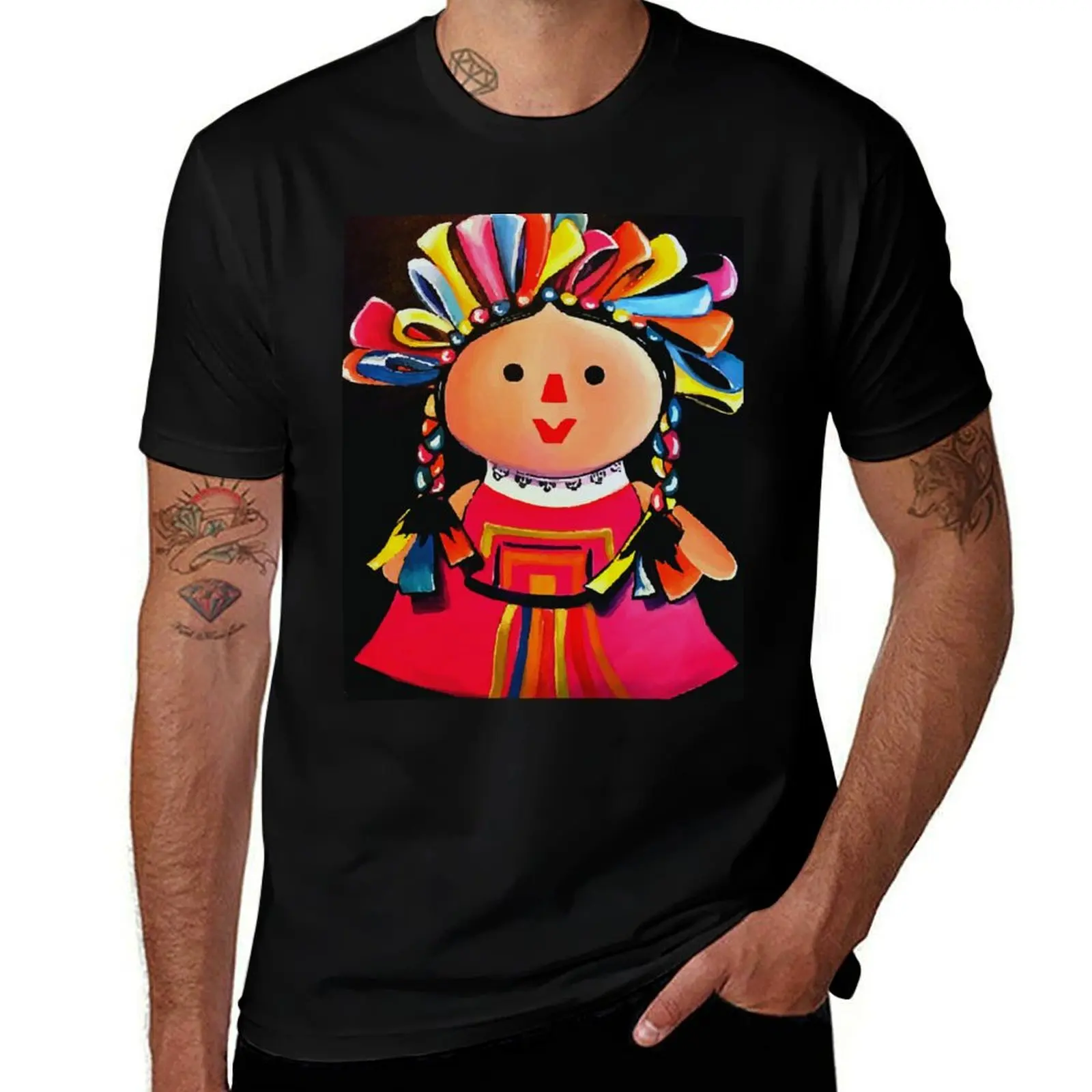 Mexican Maria Doll Black T-Shirt Soft Casual Short Sleeve Cotton Tee T-Shirt