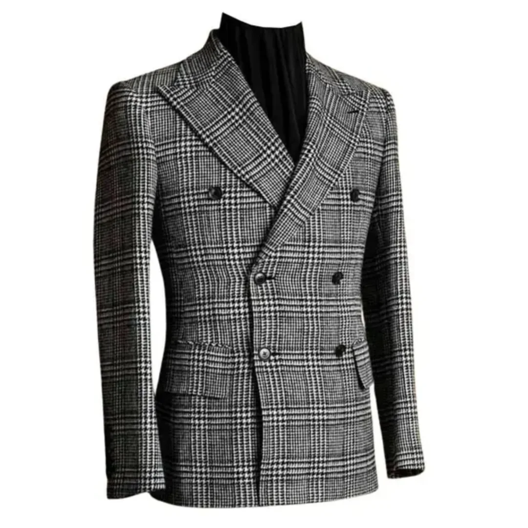 1 Pc Check Men Blazer for Wedding/Business Party Plaid Peak Lapel Double Breasted Houndstooth Suit Jacket Male Fashion Coat