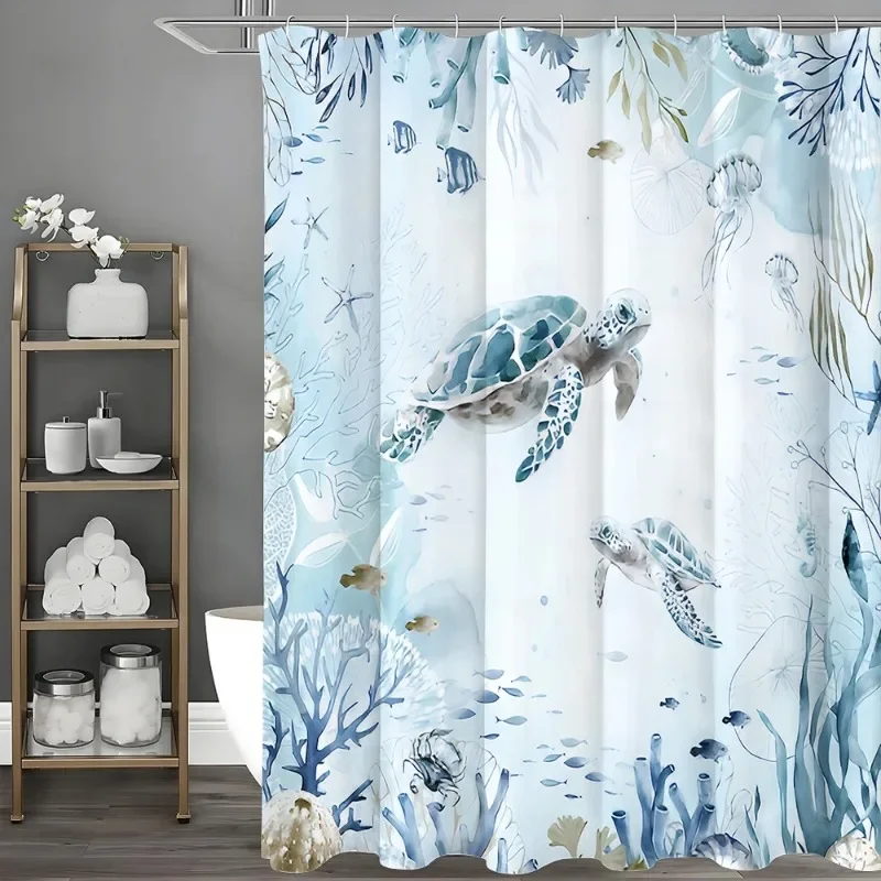 Sea Turtle Shower Curtain, Blue Green Beach Coastal Sea Turtle Starfish Jellyfish Underwater Creatures Bathroom Decorative Showe