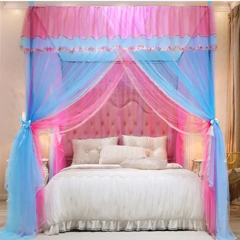 2025 New Palace Double-Layer Contrasting Mosquito Net Girl Style Encrypted Door Triple Soft Mesh Floor Bed Canopy with Folds