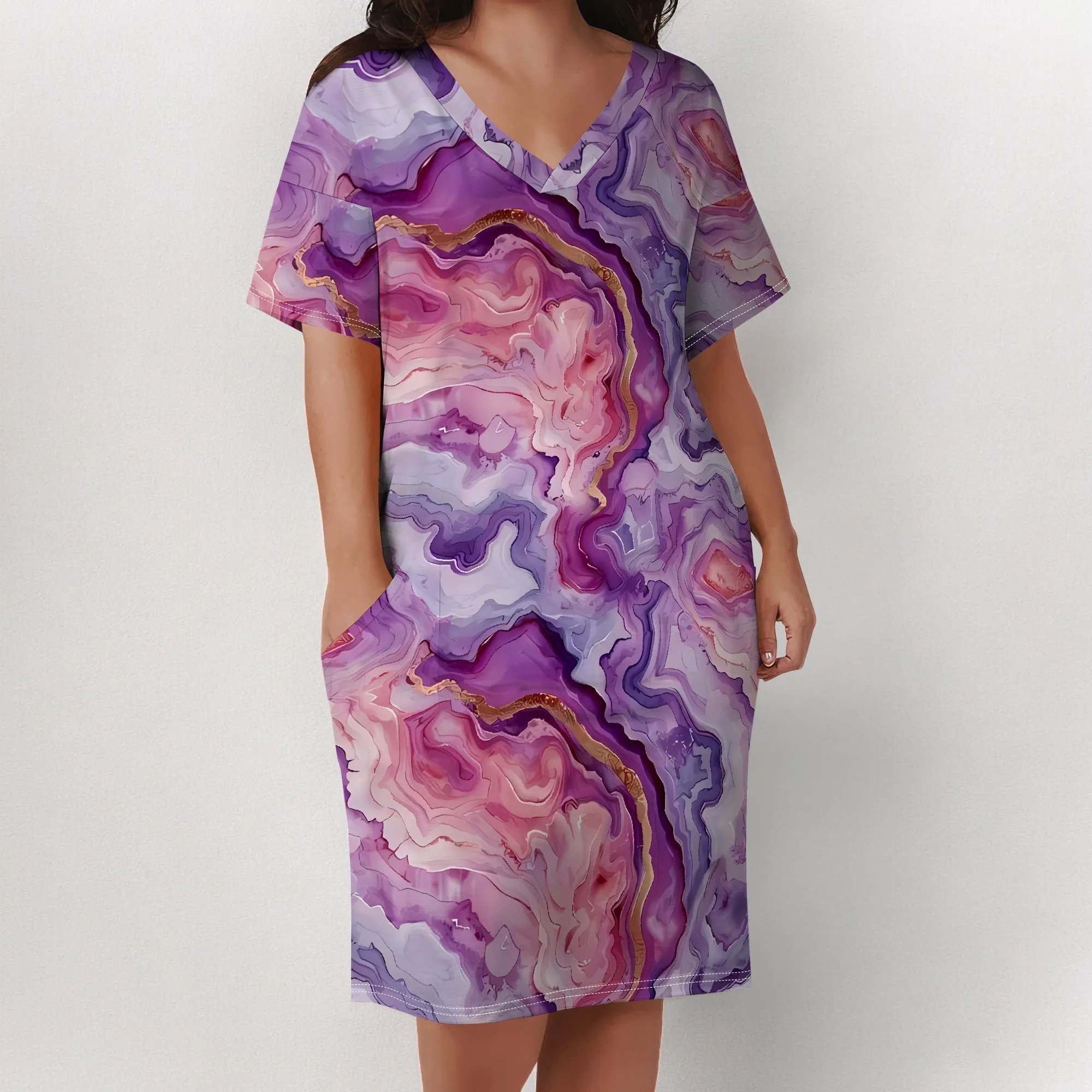 Plus Size V Neck Short Sleeve Dress for Women Geometric Marble Print Casual Summer Midi Dress