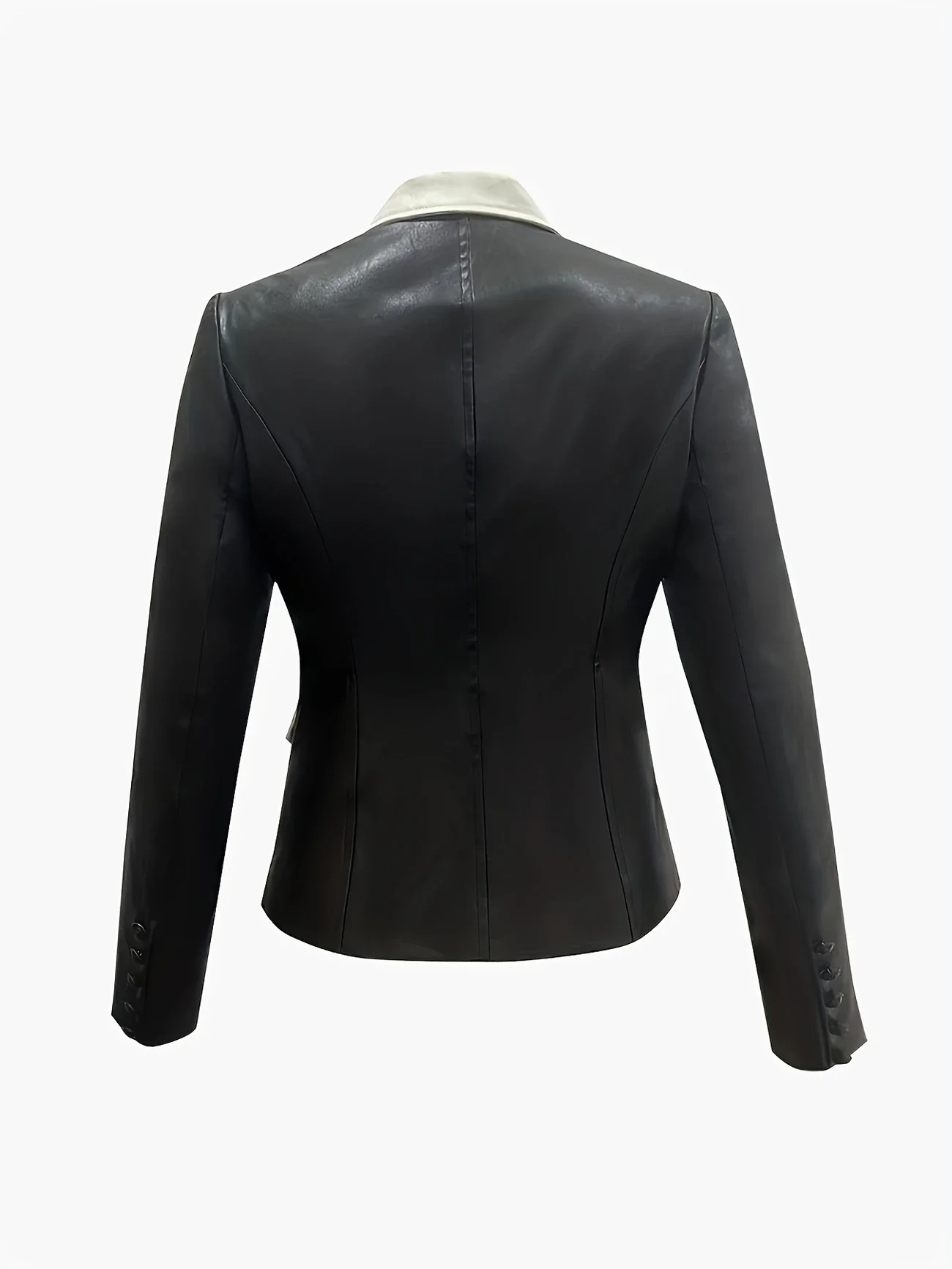 Blazer Kulit PU Blok Warna untuk Wanita Jaket Lengan Panjang Kerah Berlekuk Kancing Tunggal Pakaian Luar Wanita Kantor Musim Gugur Atasan Bergaya