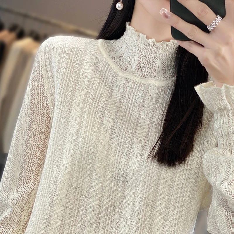 Sheep Hair Temperament Lace Knitted Sweater Women's Fashion Long Sleeve Inner Layup Half High Collar Women's