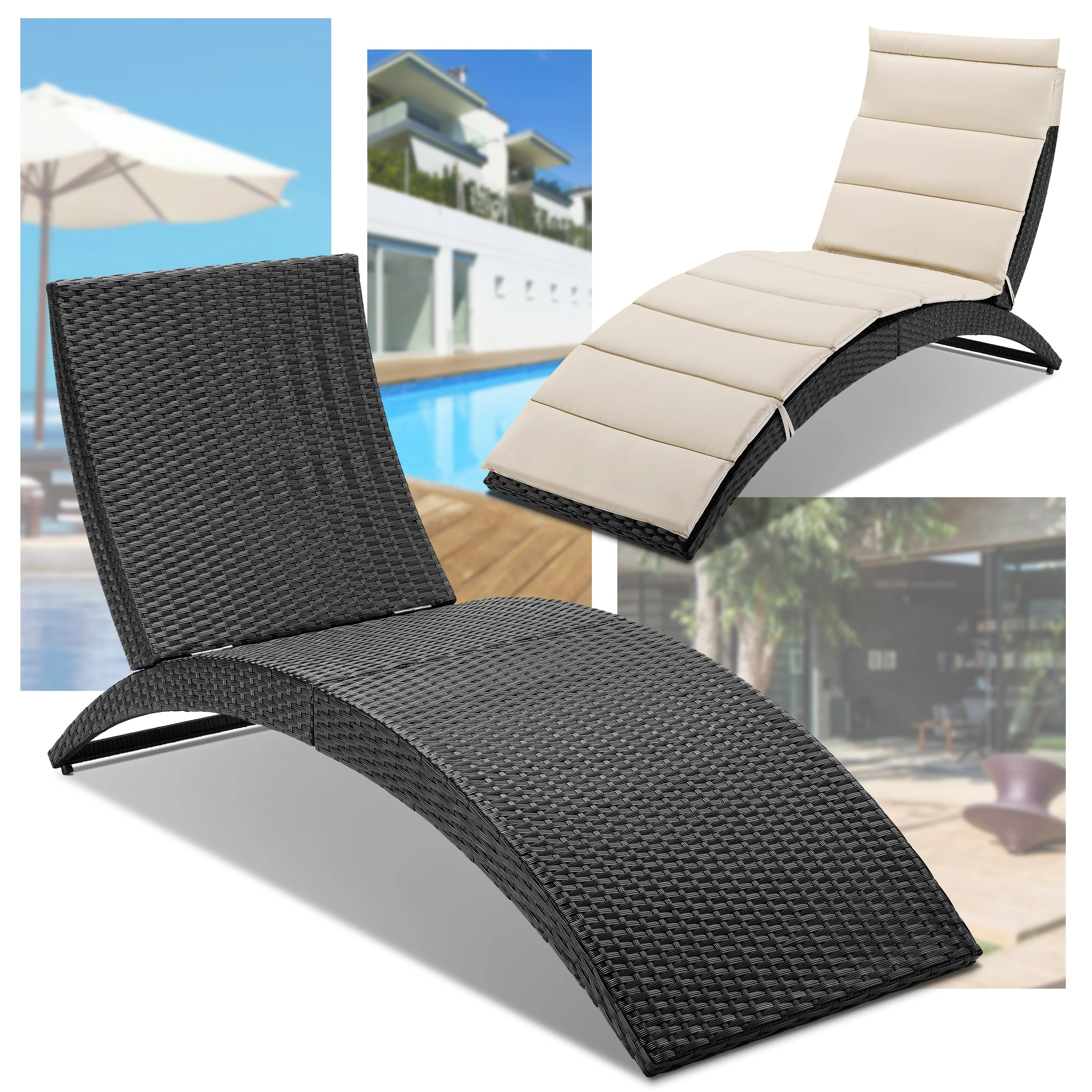 

Luxury Modern Foldable Outdoor Beach Swimming Pool Furniture Plastic Rattan Sun Lounger Chair with Cushion