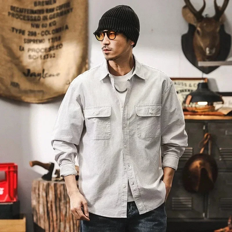Men Oversize Streetwear Fashion Plus Size Loose Casual Long Sleeve Oxford Pure Cotton Stripe Shirts Blouses