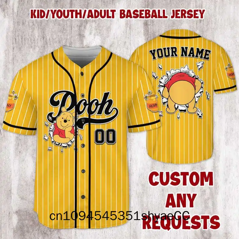 Personalize Disney Winnie the Pooh Baseball Jersey, Custom Kid Youth Adult Disney Jersey, Baseball Disneyland, Winnie Pooh Jerse