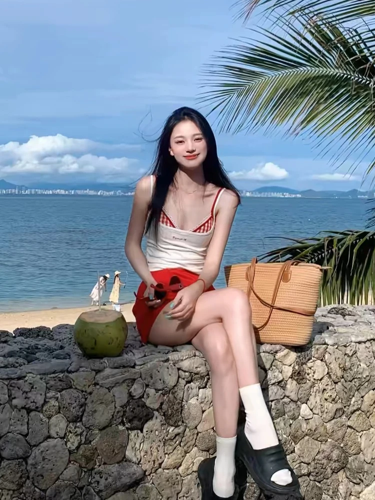 

Американский стиль Pure Desire: Сексуальный красный клетчатый кружевной топ-бикини, майка и юбка для летнего отпуска, купальник для женщин