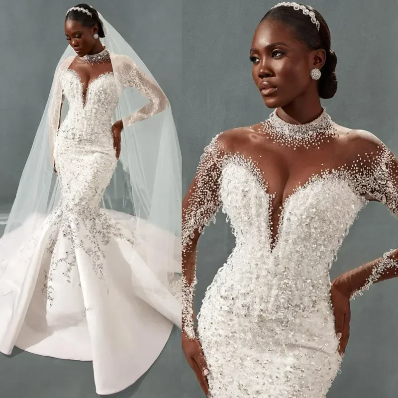 

Customized Aso Ebi Wedding Dress Sheer Illusion Long Sleeves Lace Bridal Gowns for African Black Women Mermaid Marriage Dress