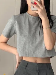 T-shirt Women Cropped Solid Sexy Minimalist Hot Sale Slim Casual Fashion Preppy Chic Basic Tops Korean Style Streetwear Popular