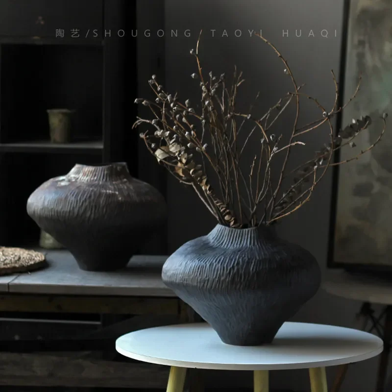 Retro Jingdezhen Ceramic Vase Wabi Sabi Zen Style Coarse Pottery Flower Arrangement for Living Room Tea Room Entrance Chinese