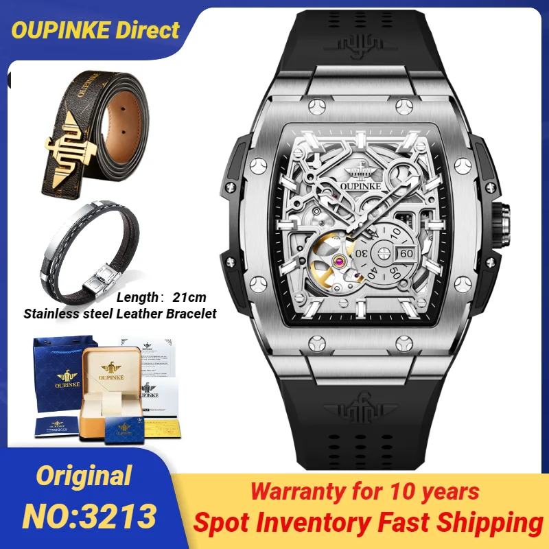 OUPINKE 3213 Original Luxury Brand Automatic Watch for Men Skeleton Waterproof Silicon Tape High-quality 52mm Big Dial Watch Man