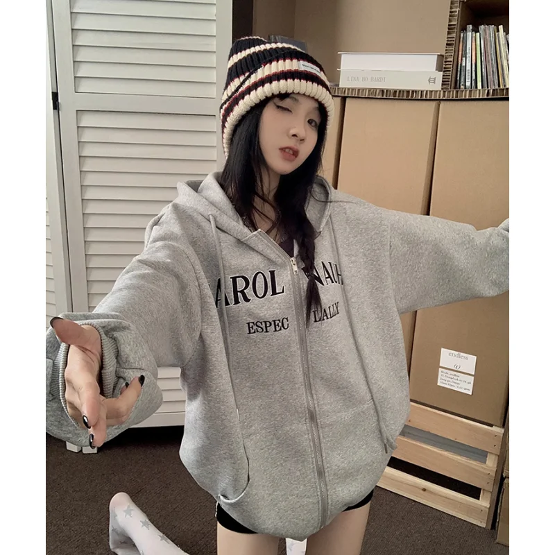 

Women Grey Cardigan Hoodie Letter Sweatshirt Long Sleeve Korean Fashion Baggy Cotton Casual Y2K Style Female Winter Tops Coat