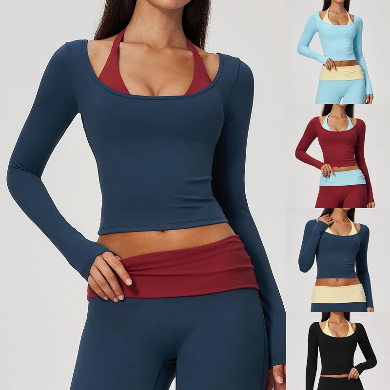 Women Yoga Long Sleeved Fitness Running Workout Gym T-shirt Top Color Contrast Scoop Neck Halter Detail Cropped Yoga Sports Top