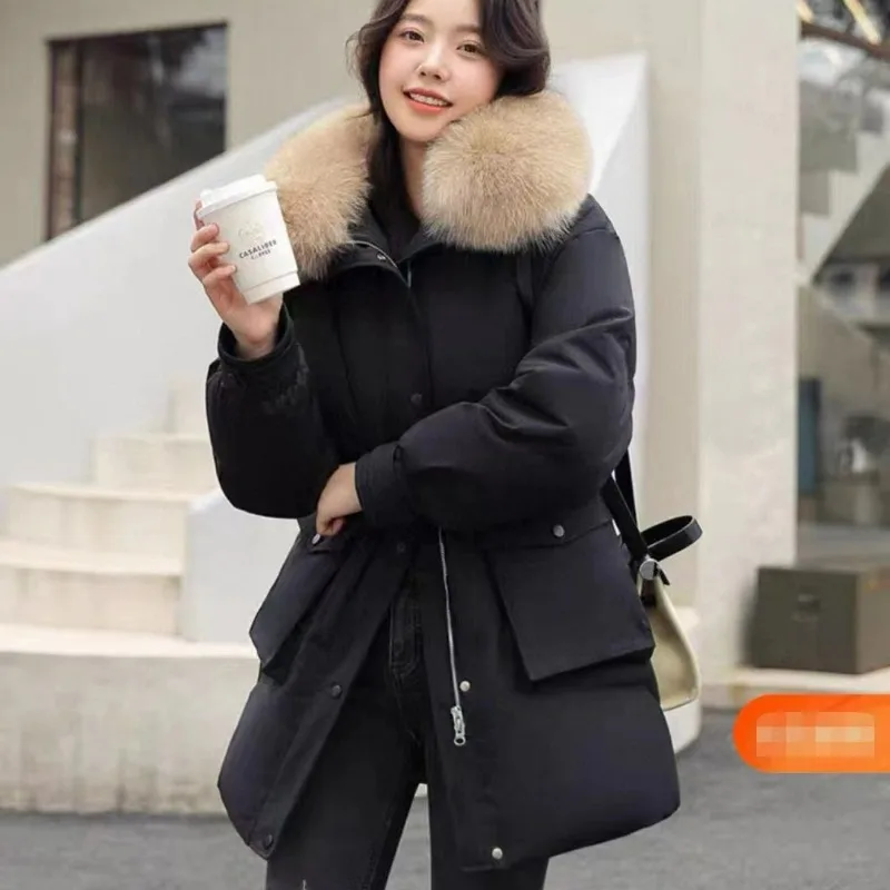 

2023 New Women Down Jacket Winter Coat Female Mid Length Version Parkas Loose Thick Warm Outwear Hooded Fur Collar Overcoat