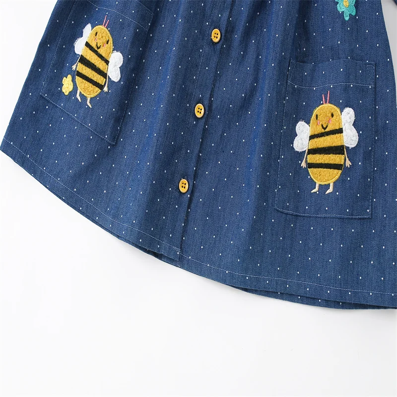 Jumping Meters 2-7T Princess Girls Dresses Buttons Bee Embroidery Autumn Spring Baby Clothing Long Sleeve Frocks Toddler Dress